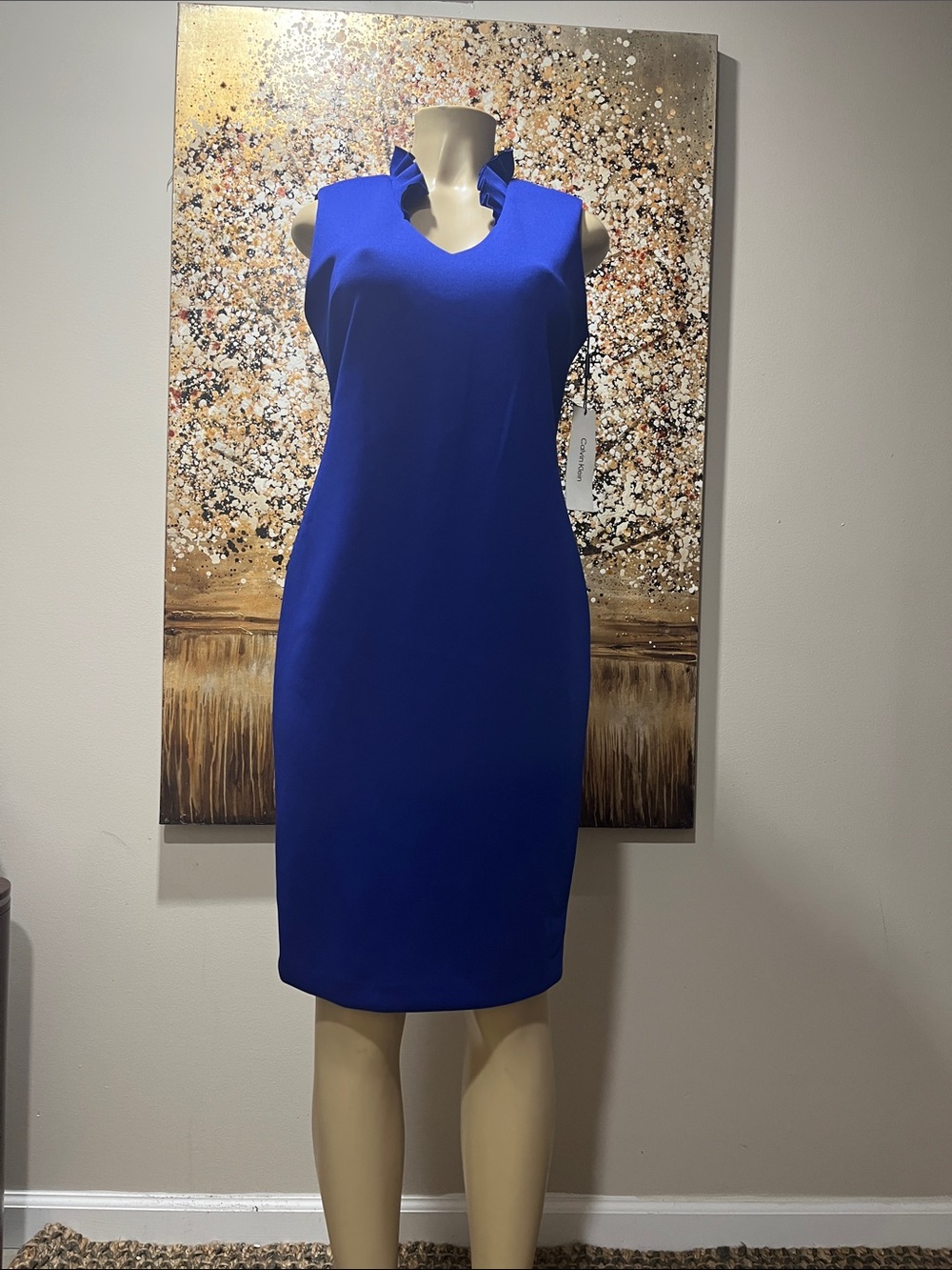 Calvin Klein Cobalt Blue Sleeveless Sheath Dress with Ruffle Neck